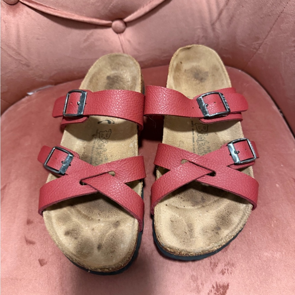 Birki’s Nepal Burgundy Leather Dual Buckle Strap Cork Slide Sandals Unisex W9 M7